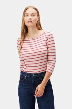 Francoise 3/4 Sleeve Dream Knit Tee - Raspberry Stripe