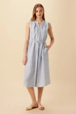 Kylen Linen Midi Dress - Blue Natural Stripe