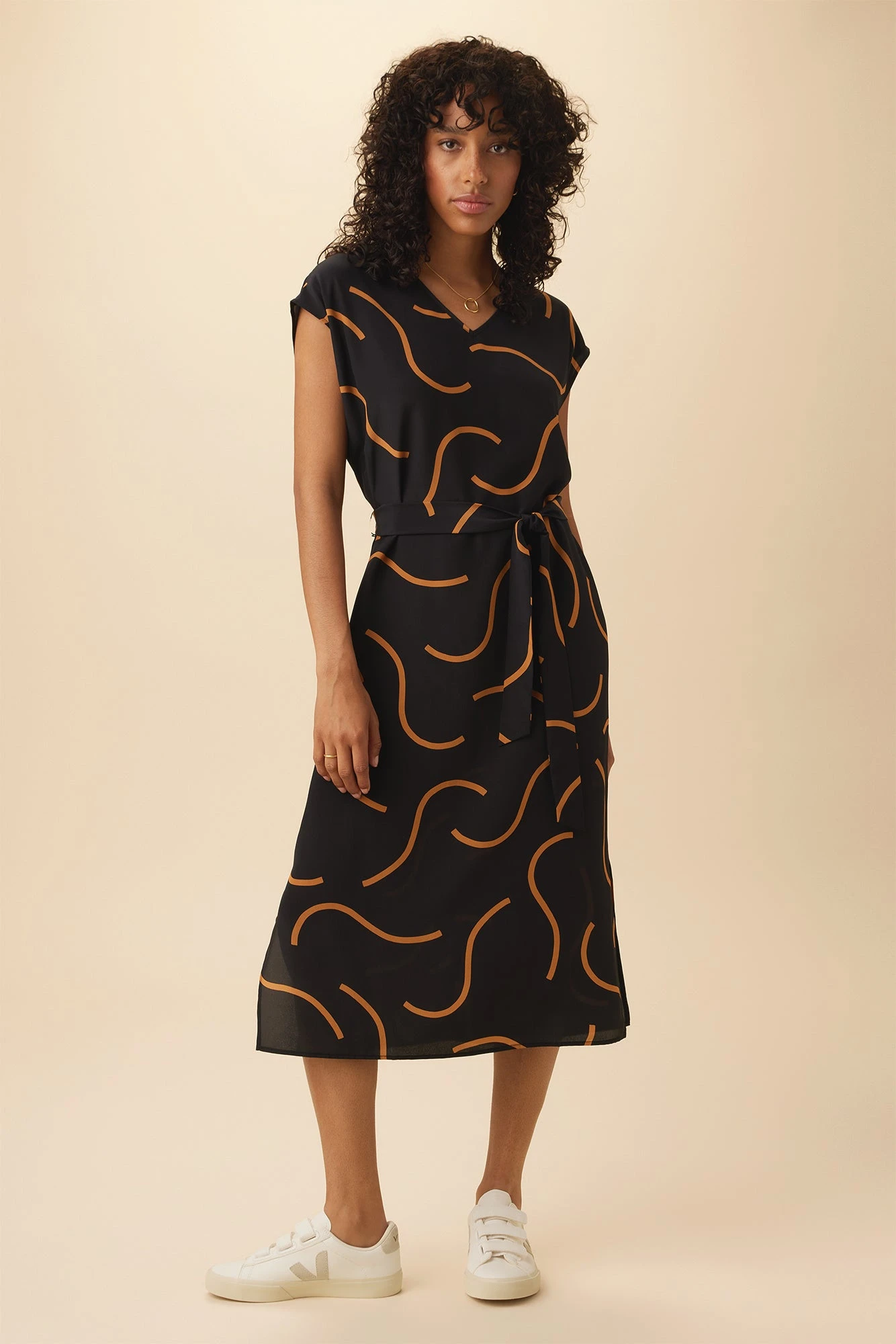 Cindra Washable Silk Midi Dress - Waves Caramel 1 Cindra Washable Silk Midi Dress - Waves Caramel