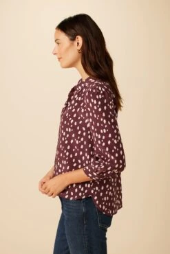 Charlotte 3/4 Sleeve Washable Silk Blouse - Pebble Dot Plum -Women Clothing Sales 26 10140 Charlotte Silk Plum Ivory 2