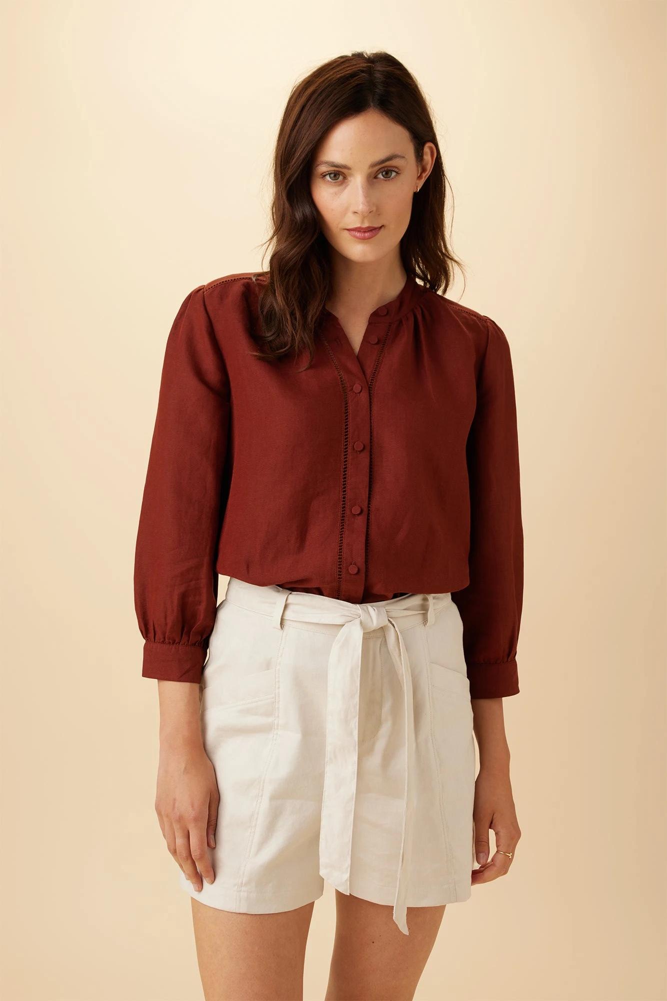 Charlotte 3/4 Sleeve Ramie Viscose Blouse - Rust 1 Charlotte 3/4 Sleeve Ramie Viscose Blouse - Rust