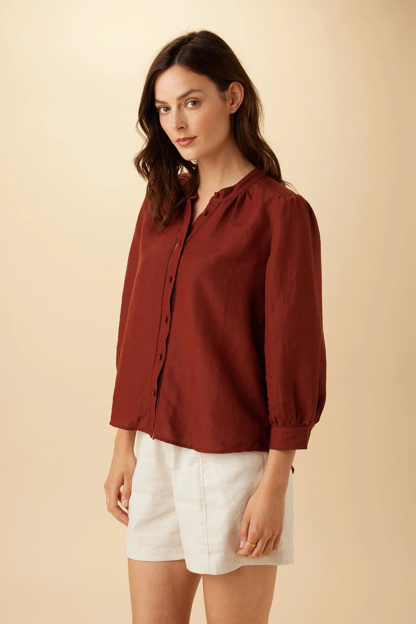 Charlotte 3/4 Sleeve Ramie Viscose Blouse - Rust 2 Charlotte 3/4 Sleeve Ramie Viscose Blouse - Rust - Image 2