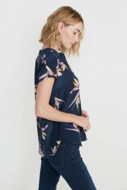 Renata Washable Silk Blouse - Navy Bird Of Paradise Print -Women Clothing Sales renata navy bird of paradise 061 w